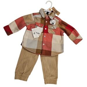 Eddie Bauer Baby‎ Boy 2PC Jogger Set Flannel Shirt and Pants Set Red Plaid 12M
